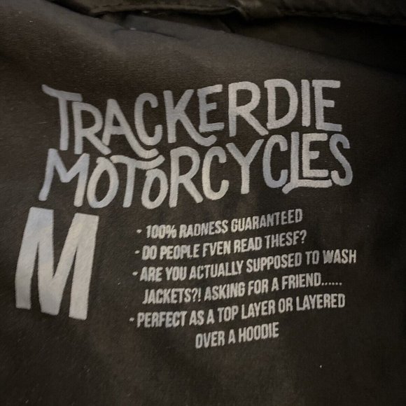 TRACKERDIE MOTORCYCLES WINDBREAKER JACKET BLACK / WHITE TIRE & CHAIN MED B7-14 - Picture 5 of 6